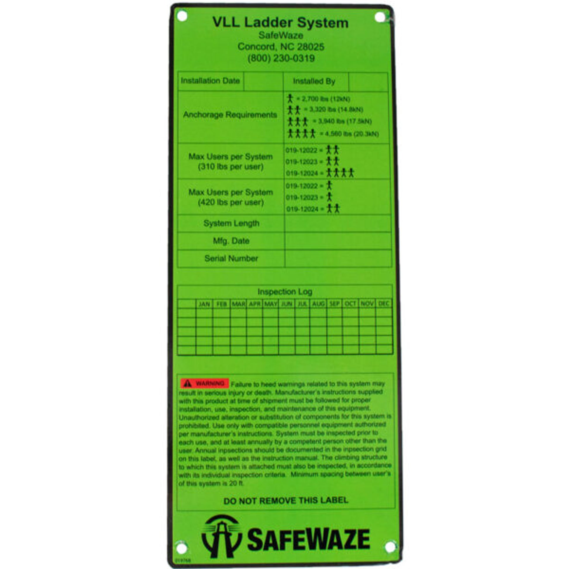 Safewaze Ladder System Label - 019-12031