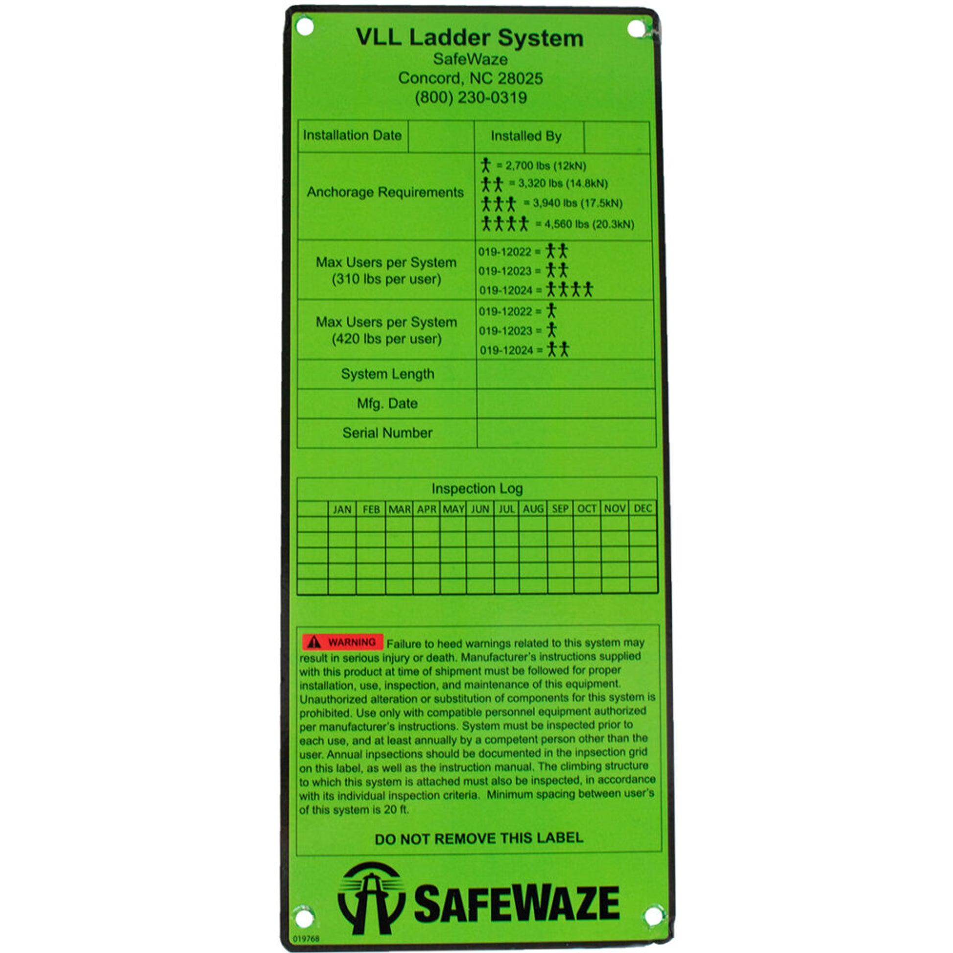 Safewaze Ladder System Label - 019-12031