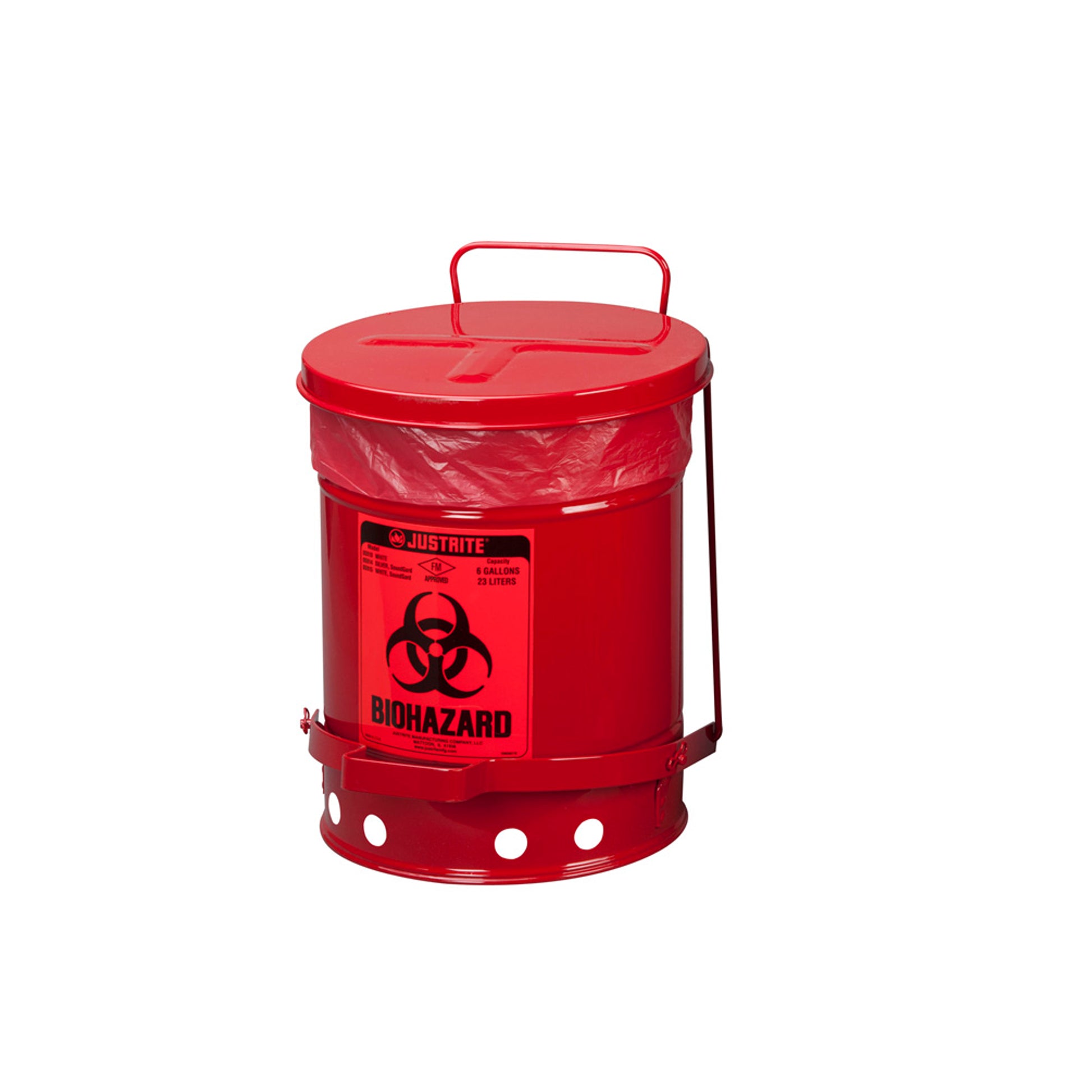 Justrite Biohazard Waste Can - 6 Gallon - Foot-Operated Self-Closing Cover - Red - 05910R
