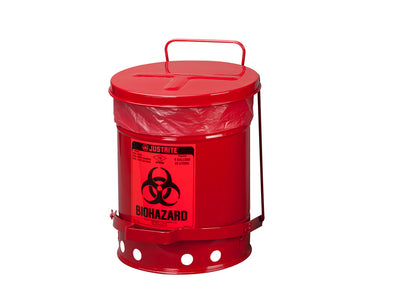 Justrite Biohazard Waste Can - 6 Gallon - Foot-Operated Self-Closing Cover - Red - 05910R