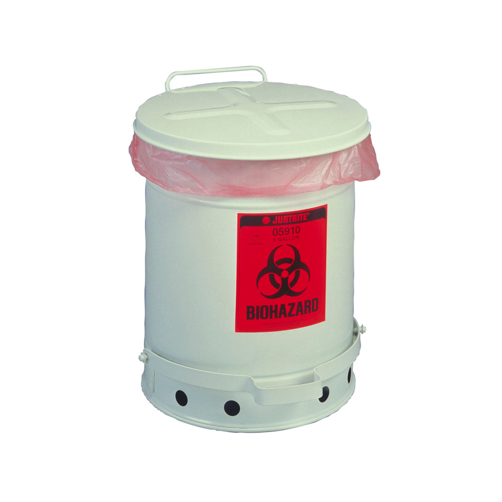 Justrite Biohazard Waste Can - 6 Gallon - Foot-Operated Self-Closing Cover - White - 05910