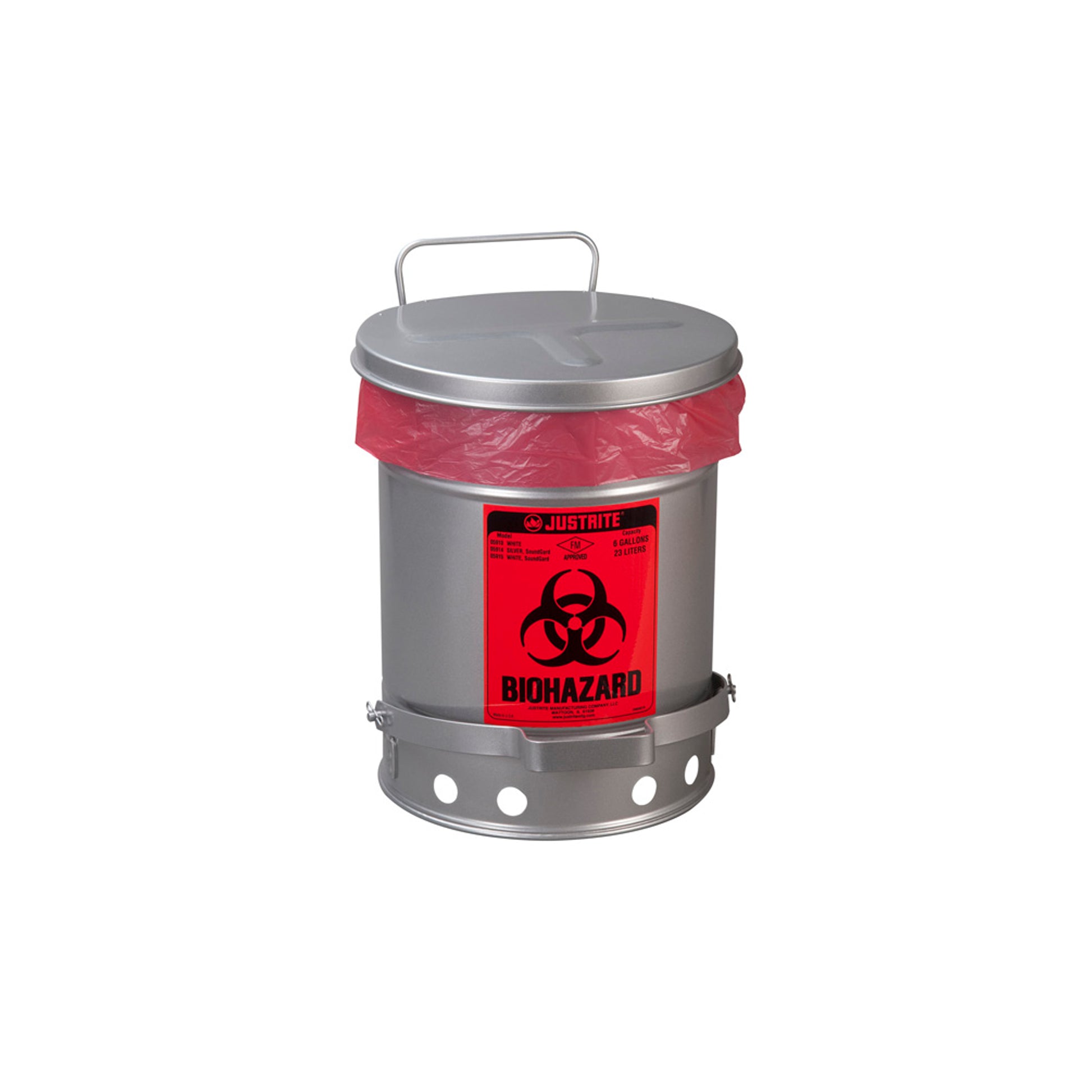 Justrite Biohazard Waste Can - 6 Gallon - Foot-Operated Self-Closing Soundgard Cover - Silver - 05914