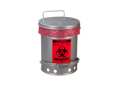 Justrite Biohazard Waste Can - 6 Gallon - Foot-Operated Self-Closing Soundgard Cover - Silver - 05914