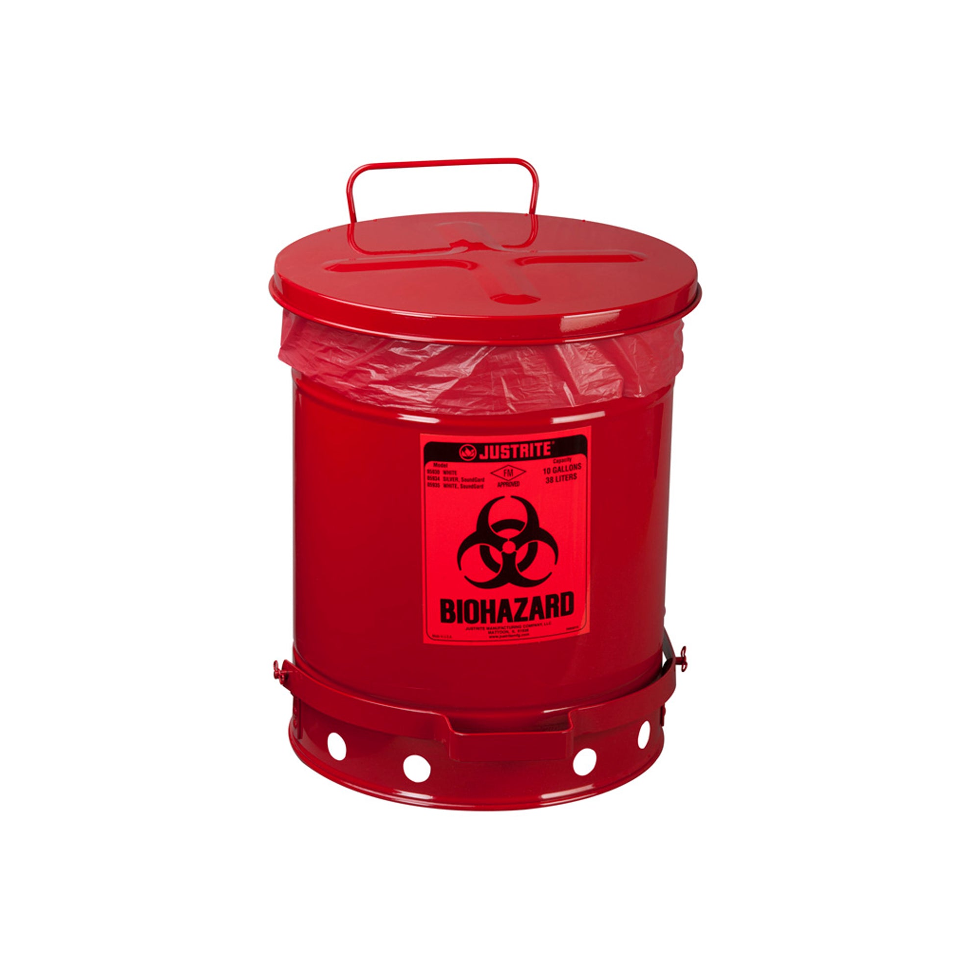 Justrite Biohazard Waste Can - 10 Gallon - Foot-Operated Self-Closing Cover - White - 05930