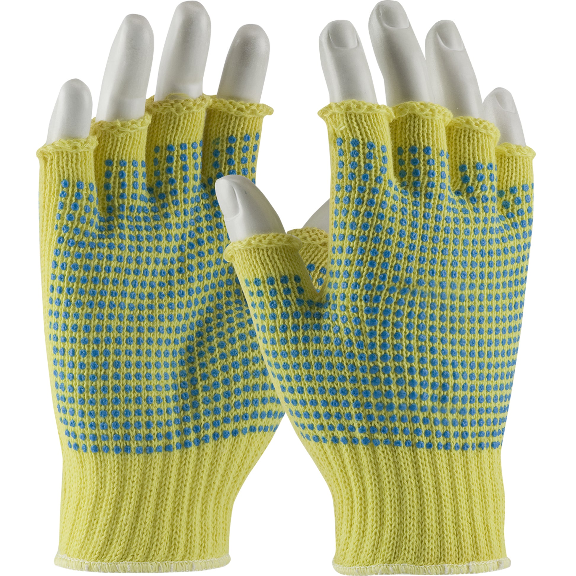 Kut Gard Seamless Knit DuPont Kevlar Glove w/Double-Sided PVC Dot Grip - Half-Finger - Yellow - 1/DZ - 08-K259PDD