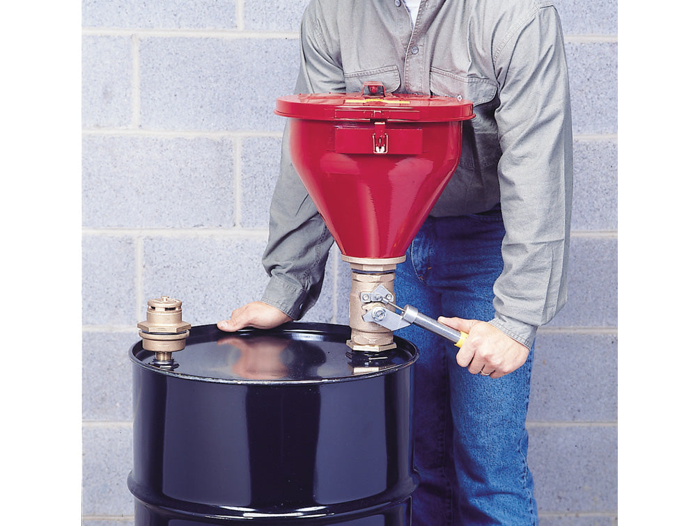 Justrite Steel Drum Funnel #08207 W/6" Flame Arrester - S/C Cover - Tip-Over Protection Kit For 2" Drum Bung - 08203