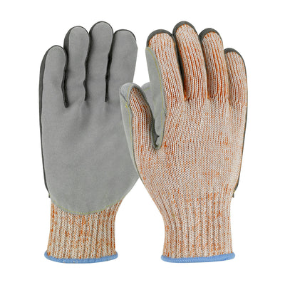Scrap King Seamless Knit HPPE Blended Glove w/Split Cowhide Leather Palm & Aramid Stitching - Vend-Ready - Orange - 6/PR - 09-H550SLPV