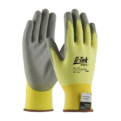 G-Tek KEV Seamless Knit DuPont Kevlar / Elastane Glove w/Polyurethane Coated Flat Grip on Palm & Fingers - Yellow - 1/DZ - 09-K1250