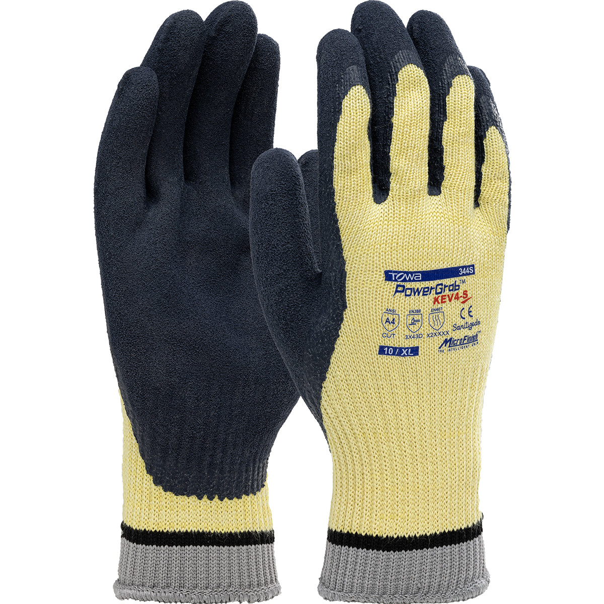 PowerGrab KEV4 Seamless Knit DuPont Kevlar Glove w/Latex Coated MicroFinish Grip on Palm & Fingers - Yellow - 1/DZ - 09-K1444