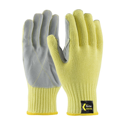 Kut Gard Seamless Knit DuPont Kevlar Glove w/Split Cowhide Leather Palm & Stitching - Wrist - Yellow - 1/DZ - 09-K300LP
