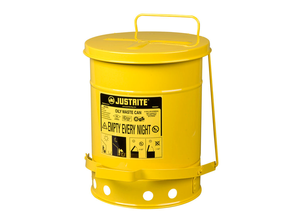Justrite Oily Waste Can - 6 Gallon - Foot-Operated Self-Closing Cover - Yellow - 09101