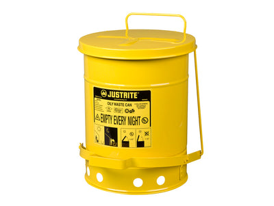 Justrite Oily Waste Can - 6 Gallon - Foot-Operated Self-Closing Cover - Yellow - 09101