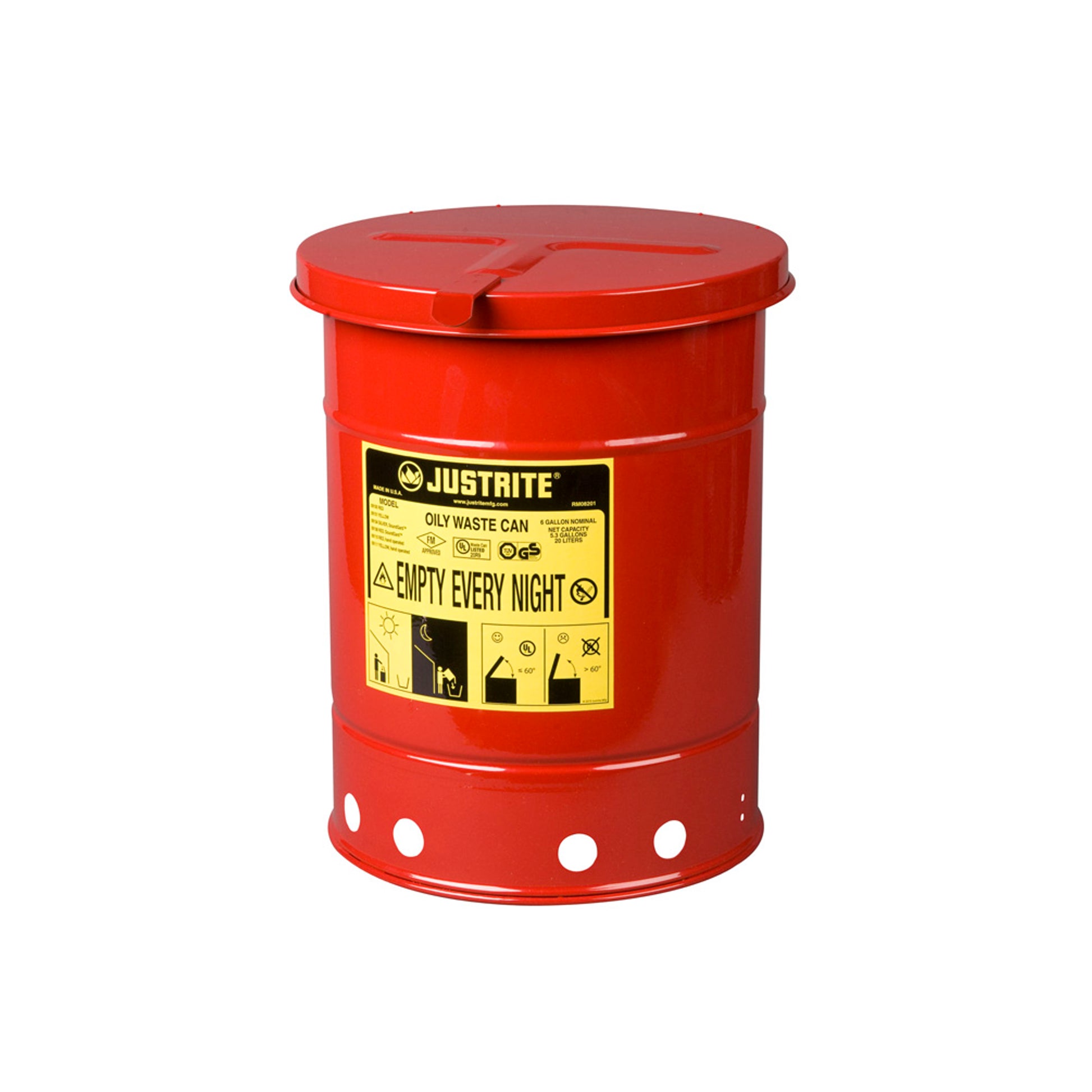 Justrite Oily Waste Can - 6 Gallon - Hand-Operated Cover - Red - 09110