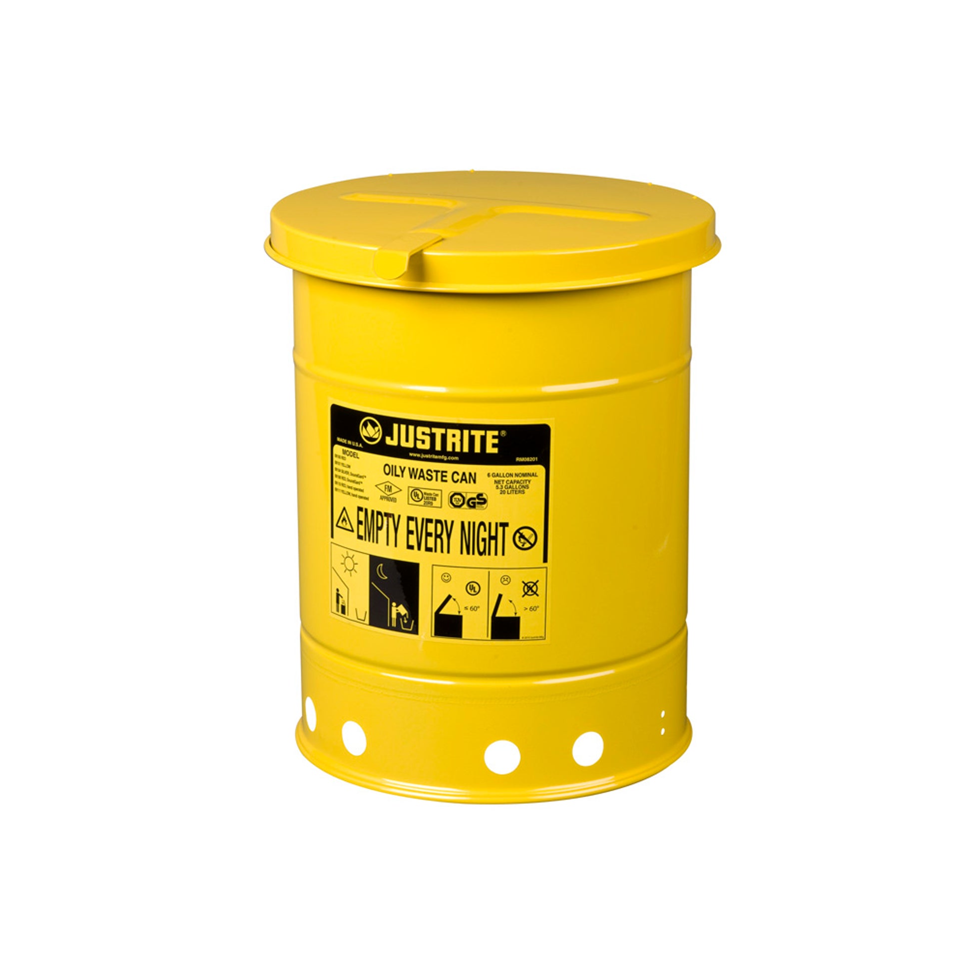Justrite Oily Waste Can - 6 Gallon - Hand-Operated Cover - Yellow - 09111