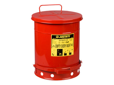 Justrite Oily Waste Can - 10 Gallon - Foot-Operated Self-Closing Cover - Red - 09300
