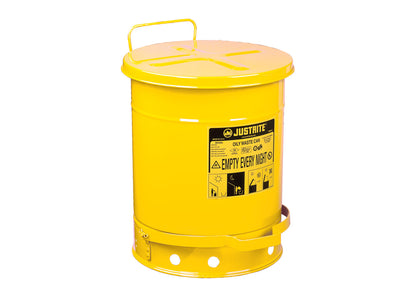Justrite Oily Waste Can - 10 Gallon - Foot-Operated Self-Closing Cover - Yellow - 09301