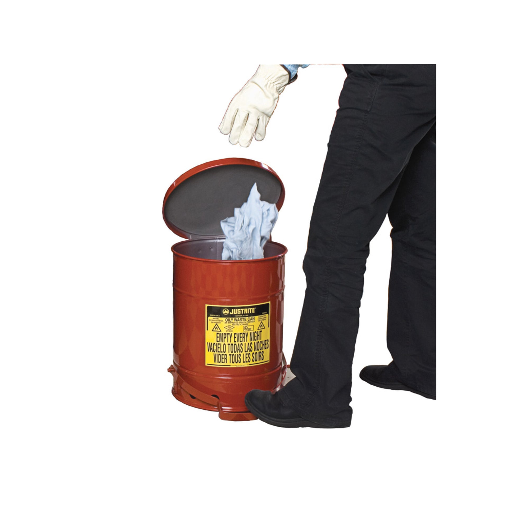 Justrite Oily Waste Can - 10 Gallon - Foot-Operated Self-Closing Soundgard Cover - Red - 09308