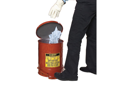 Justrite Oily Waste Can - 10 Gallon - Foot-Operated Self-Closing Soundgard Cover - Red - 09308