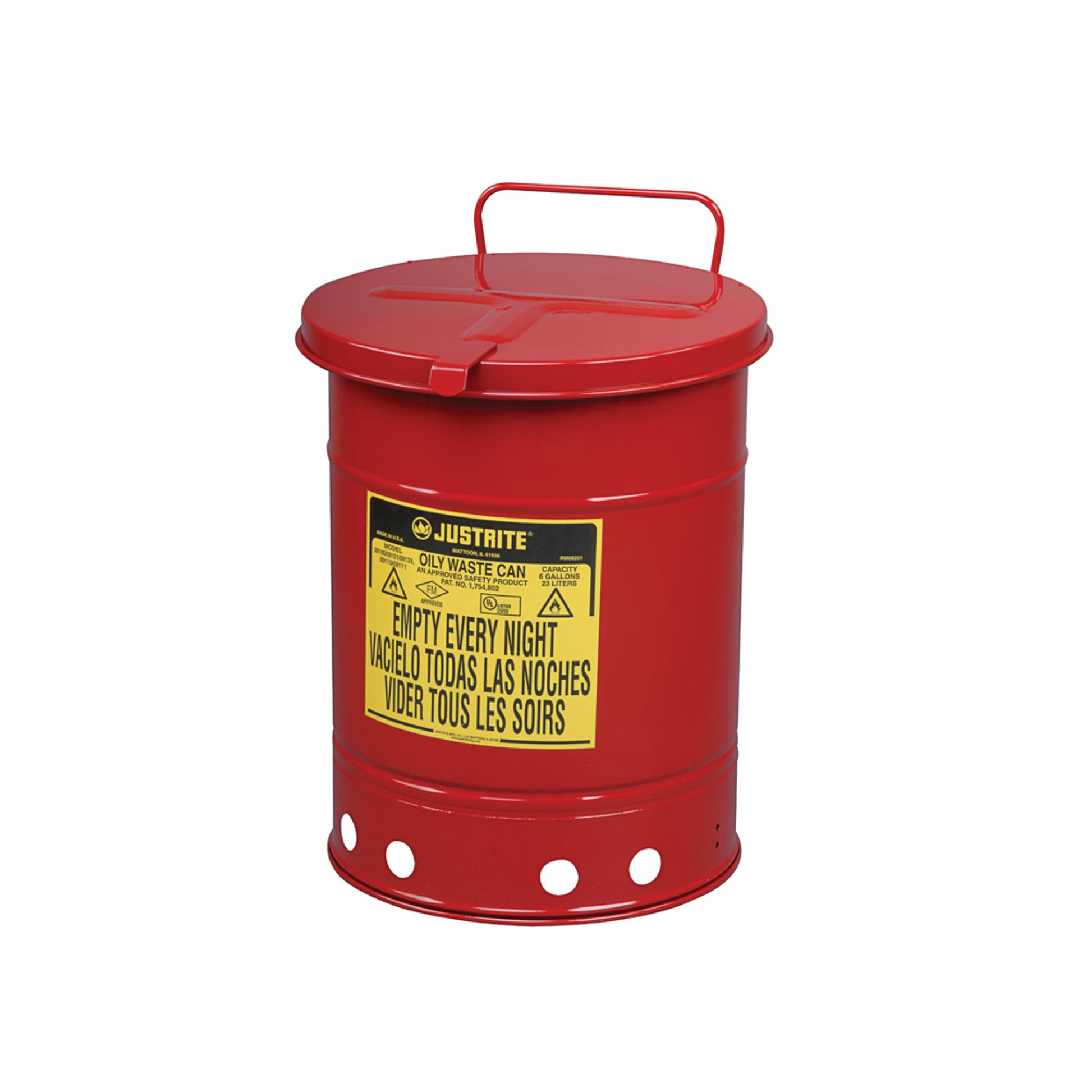 Justrite Oily Waste Can - 10 Gallon - Hand-Operated Cover - Red - 09310