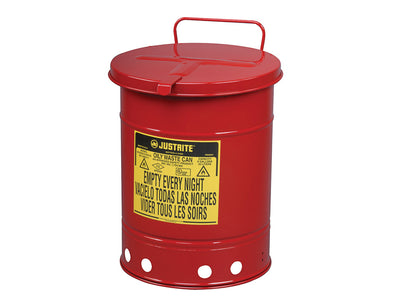 Justrite Oily Waste Can - 10 Gallon - Hand-Operated Cover - Red - 09310