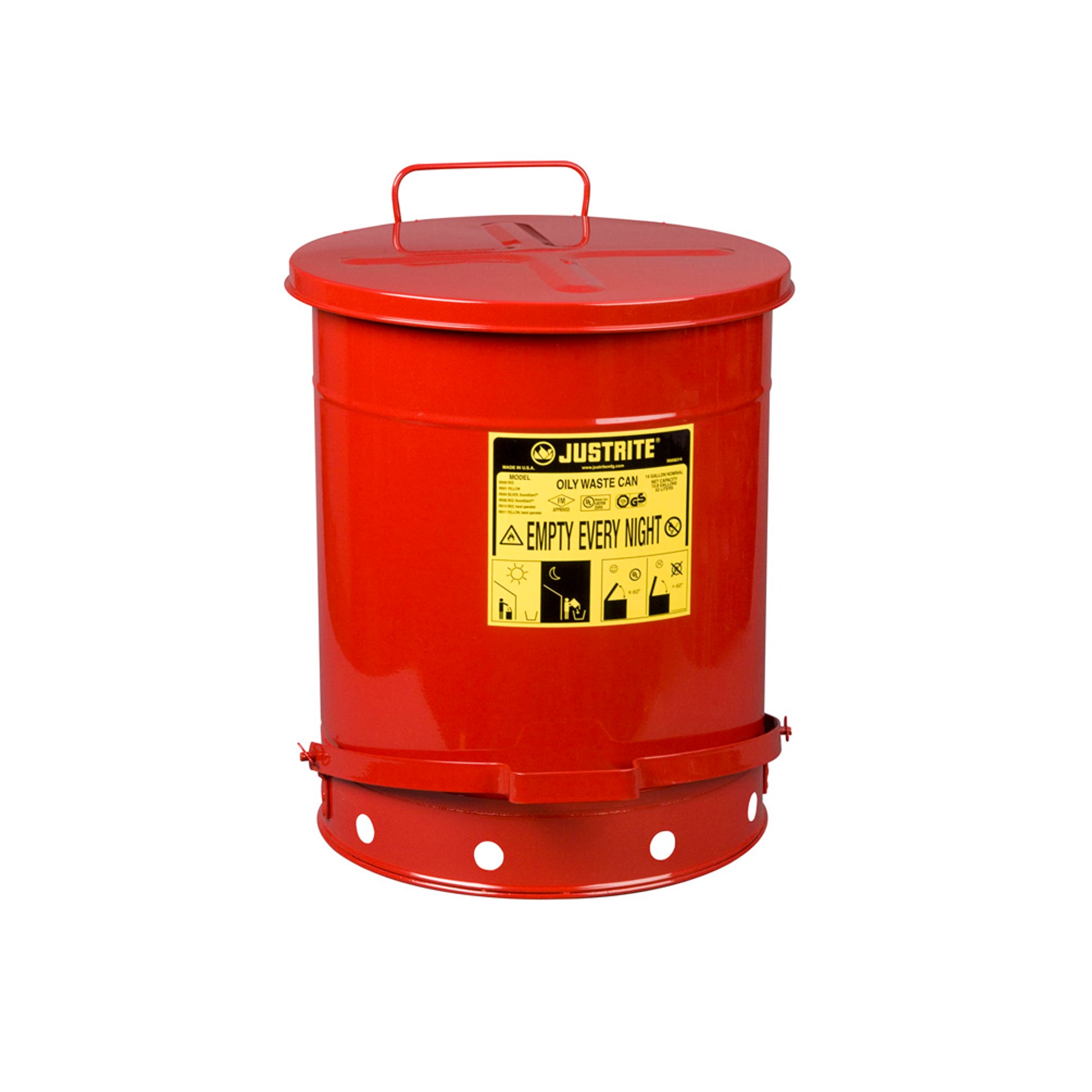 Justrite Oily Waste Can - 14 Gallon - Foot-Operated Self-Closing Cover - Red - 09500