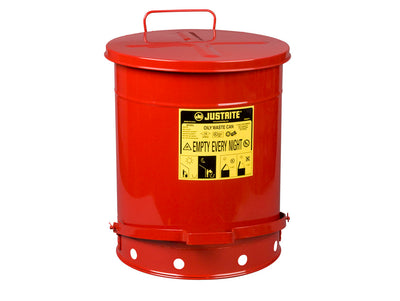 Justrite Oily Waste Can - 14 Gallon - Foot-Operated Self-Closing Cover - Red - 09500