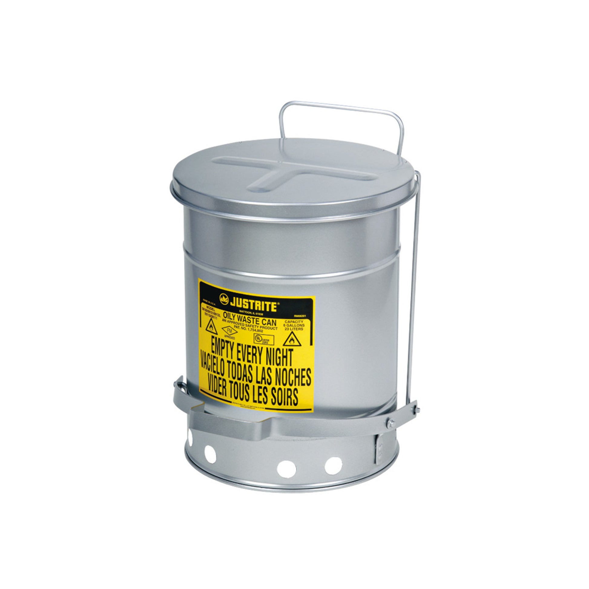 Justrite Oily Waste Can - 14 Gallon - Foot-Operated Self-Closing Soundgard Cover - Silver - 09504