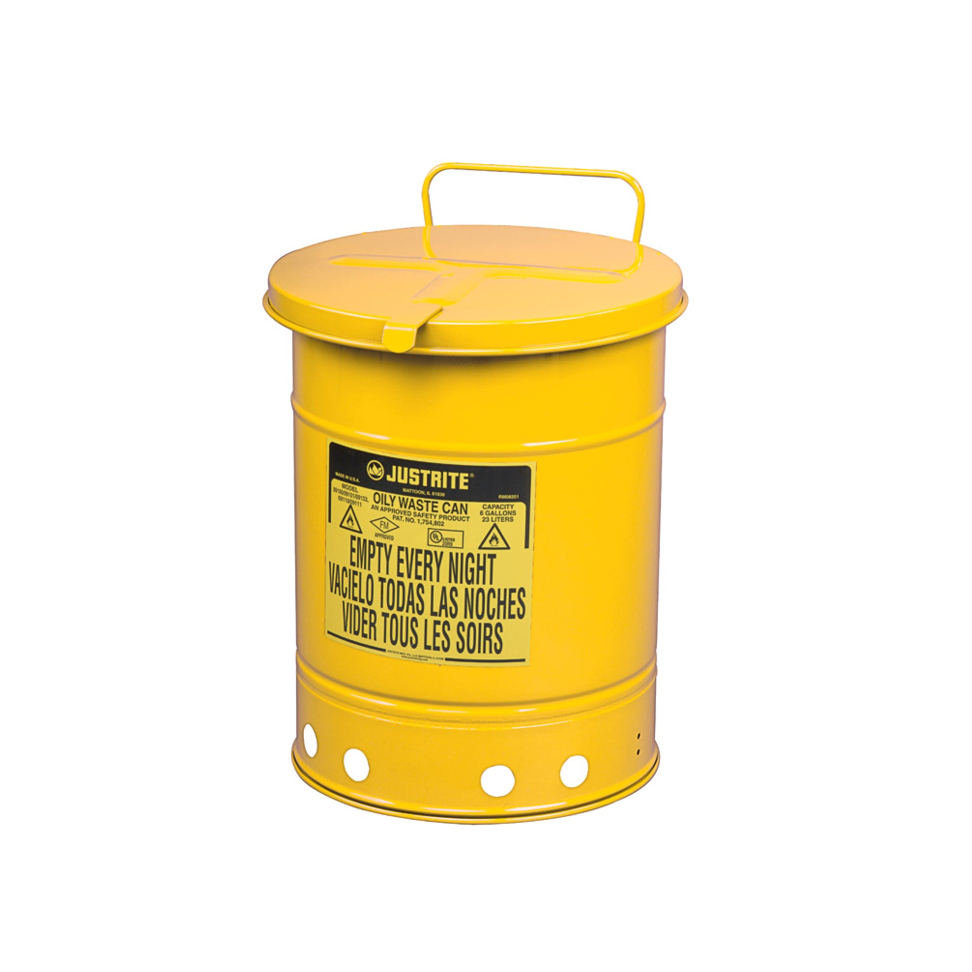 Justrite Oily Waste Can - 14 Gallon - Hand-Operated Cover - Yellow - 09511
