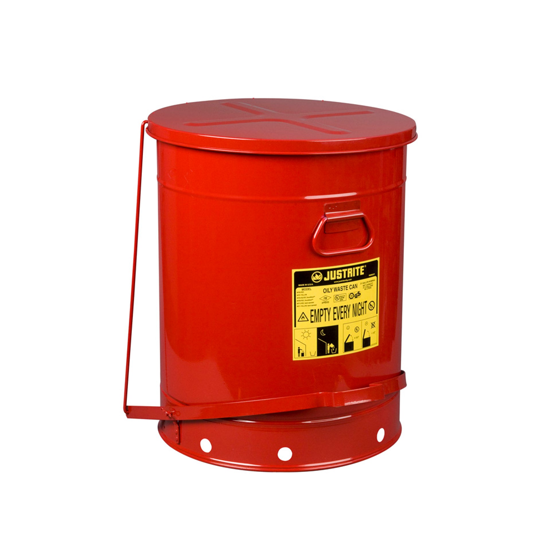 Justrite Oily Waste Can - 21 Gallon - Foot-Operated Self-Closing Soundgard Cover - Red - 09708