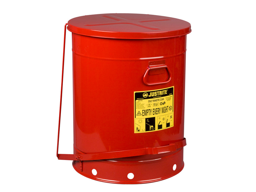 Justrite Oily Waste Can - 21 Gallon - Foot-Operated Self-Closing Soundgard Cover - Red - 09708
