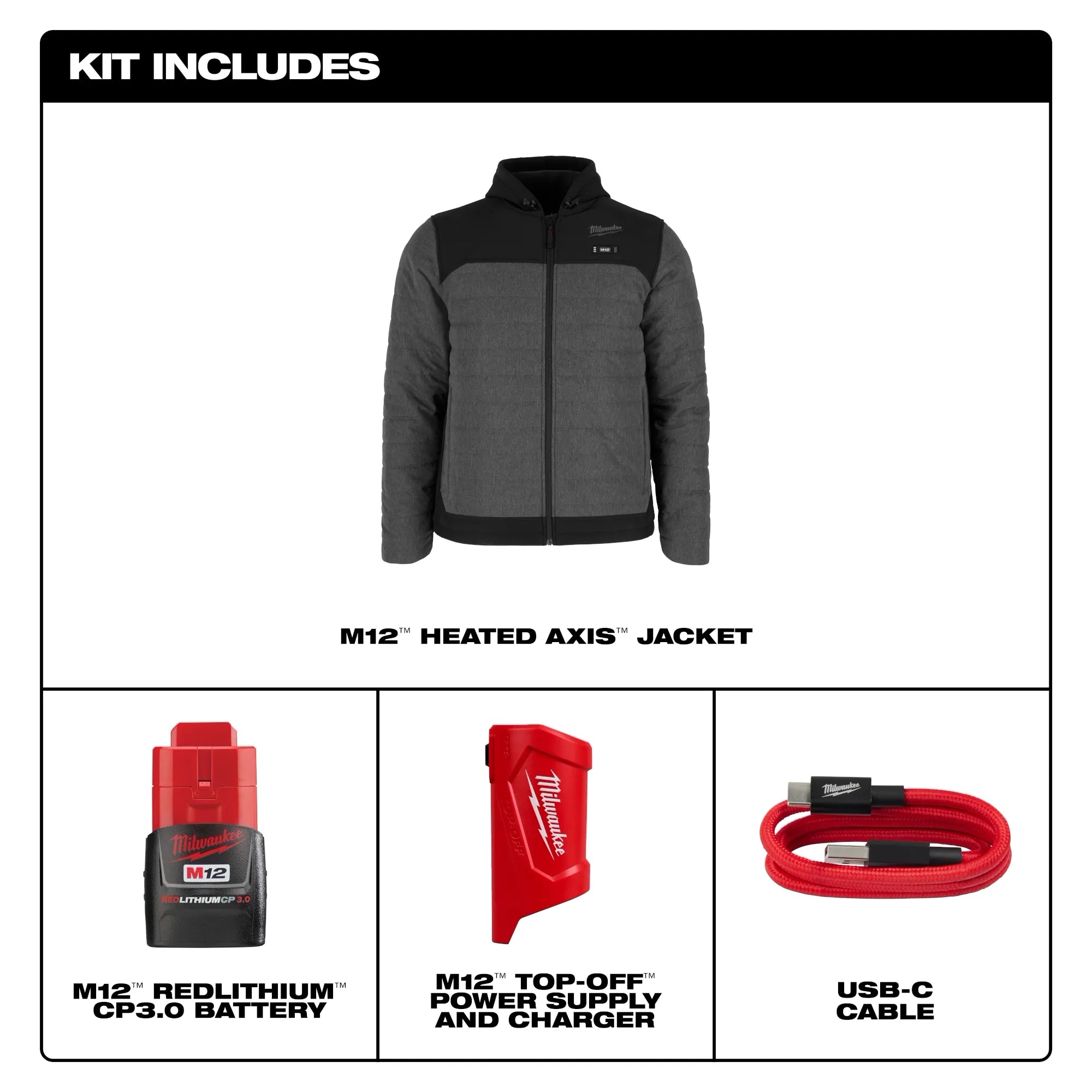 Milwaukee Tools M12 Heated Axis Jacket - Complete Kit (Includes Battery) - Gray - M102G-21