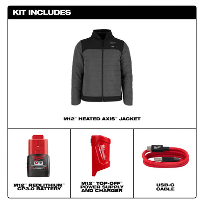 Milwaukee Tools M12 Heated Axis Jacket - Complete Kit (Includes Battery) - Gray - M102G-21