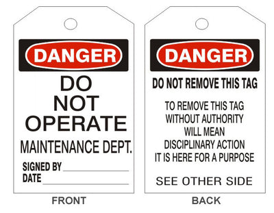 DANGER DO NOT OPERATE MAINTENANCE DEPT TAGS - BACK 2