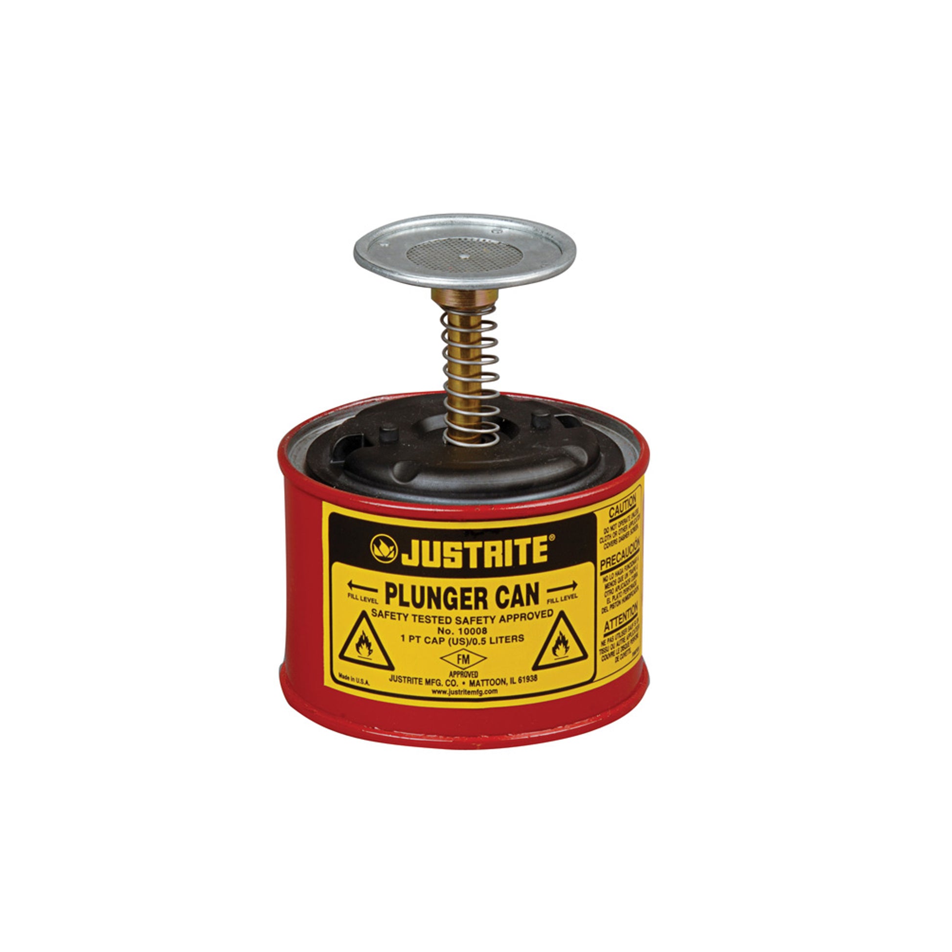 Justrite Plunger Dispensing Can - 1 Pint - Perforated Pan Screen Serves As Flame Arrester - Steel - Red - 10008