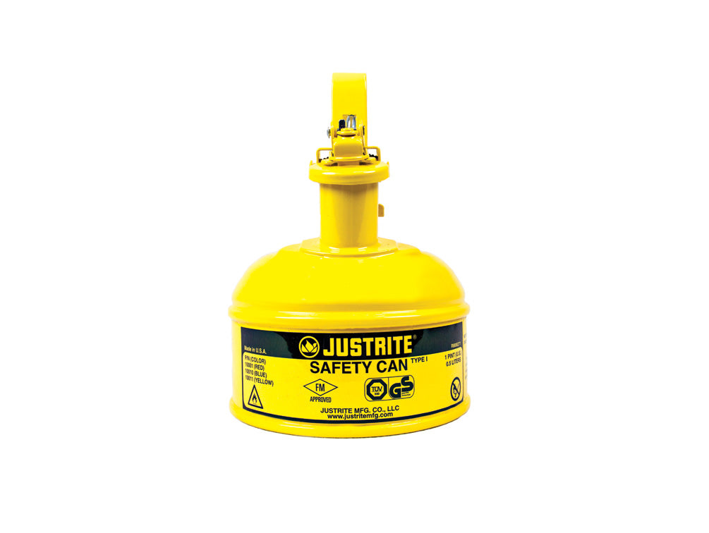 Justrite Type I Safety Can W/Trigger-Handle For Flammables - S/S Flame Arrester - 1 Pint - S/C Lid - Steel - Yellow - 10011