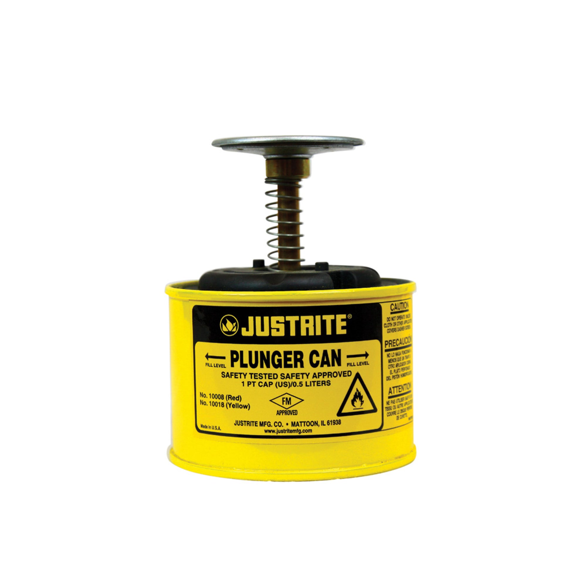 Justrite Plunger Dispensing Can - 1 Pint - Perforated Pan Screen Serves As Flame Arrester - Steel - Yellow - 10018