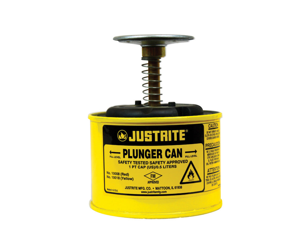 Justrite Plunger Dispensing Can - 1 Pint - Perforated Pan Screen Serves As Flame Arrester - Steel - Yellow - 10018