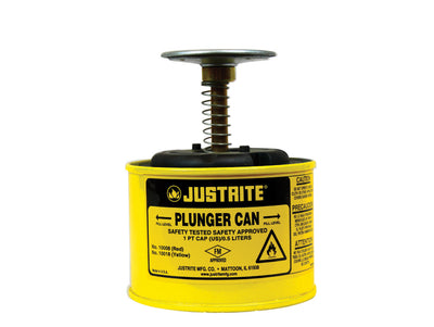 Justrite Plunger Dispensing Can - 1 Pint - Perforated Pan Screen Serves As Flame Arrester - Steel - Yellow - 10018