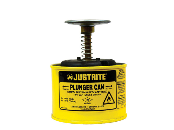 Justrite Plunger Dispensing Can - 1 Pint - Perforated Pan Screen Serves As Flame Arrester - Steel - Yellow - 10018