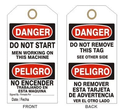 DANGER DO NOT START MEN WORKING ON THIS MACHINE PELIGRO
