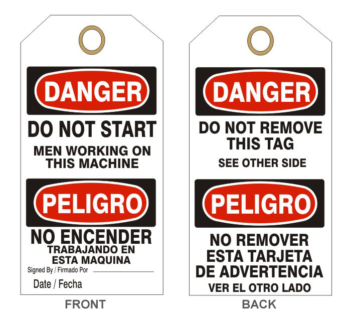 DANGER DO NOT START MEN WORKING ON THIS MACHINE PELIGRO - DANGER DO NOT START MEN WORKING ON THIS MACHINE PELIGRO, 6.125X3, Rigid Vinyl