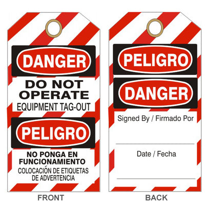 DO NOT OPERATE EQUIPMENT TAG-OUT PELIGRO NO PONGA EN FUNCIONAMIENTO COLOCACION DE ETIQUETAS DE ADVERTENCIA