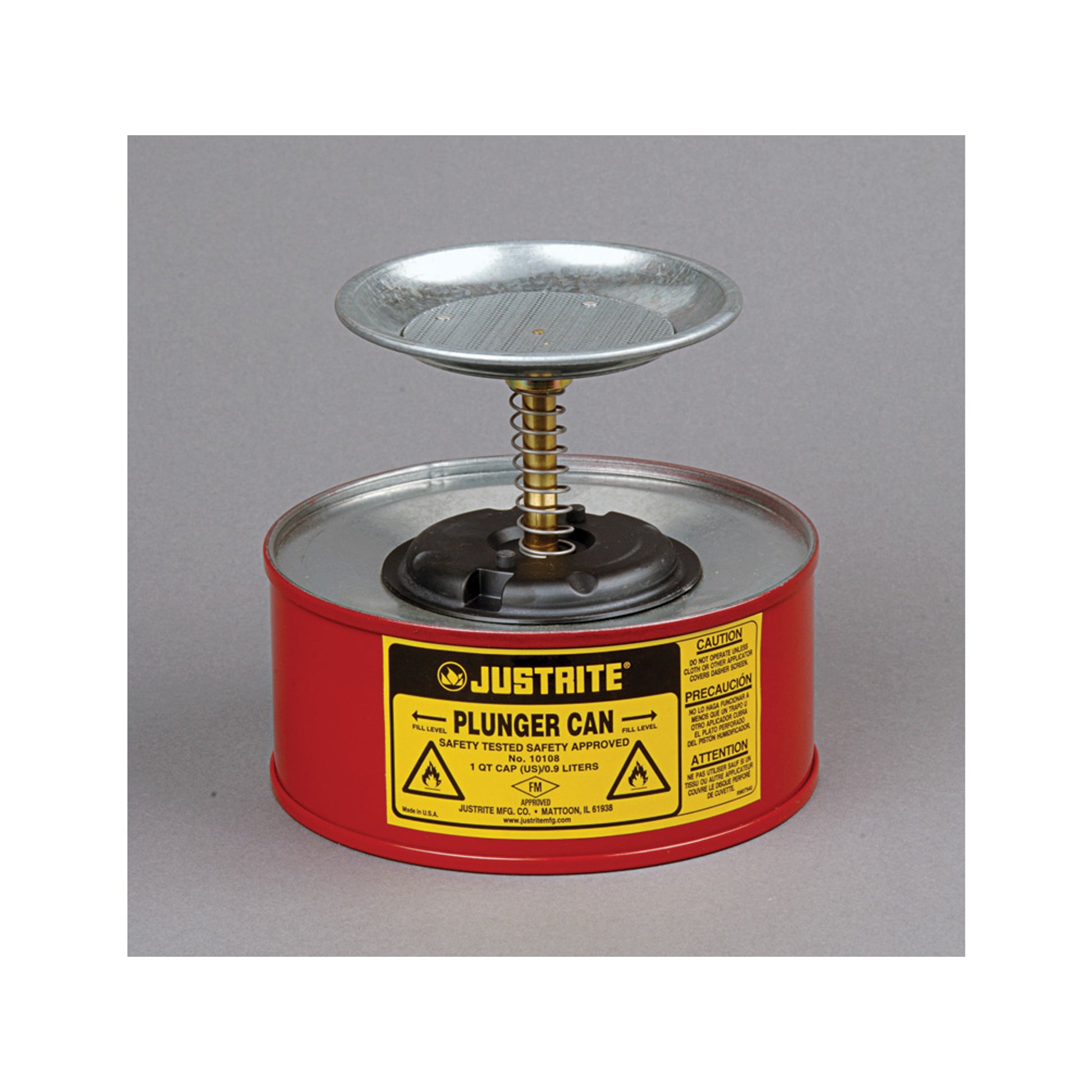 Justrite Plunger Dispensing Can - 1 Quart - Perforated Pan Screen Serves As Flame Arrester - Steel - Red - 10108
