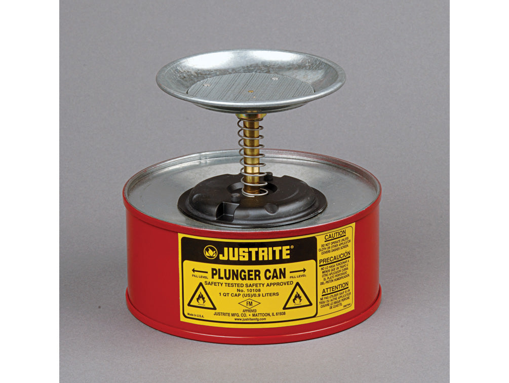 Justrite Plunger Dispensing Can - 1 Quart - Perforated Pan Screen Serves As Flame Arrester - Steel - Red - 10108