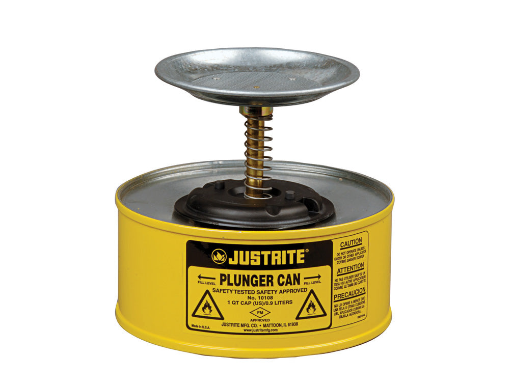 Justrite Plunger Dispensing Can - 1 Quart - Perforated Pan Screen Serves As Flame Arrester - Steel - Yellow - 10118