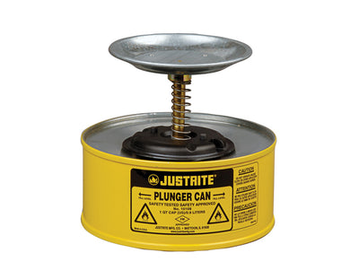 Justrite Plunger Dispensing Can - 1 Quart - Perforated Pan Screen Serves As Flame Arrester - Steel - Yellow - 10118