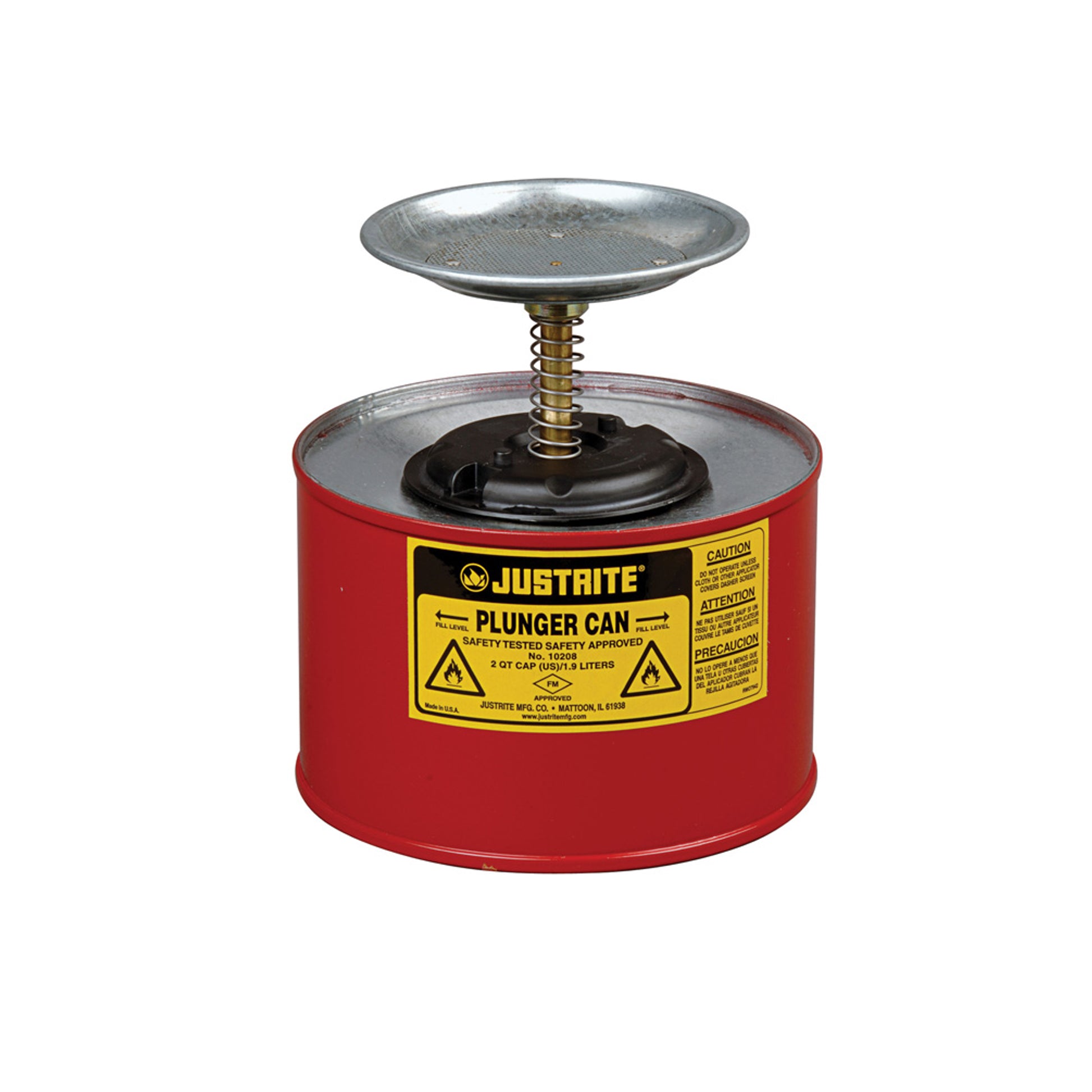Justrite Plunger Dispensing Can - 2 Quart - Perforated Pan Screen Serves As Flame Arrester - Steel - Red - 10208