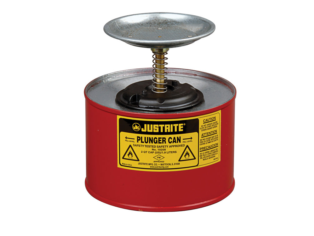 Justrite Plunger Dispensing Can - 2 Quart - Perforated Pan Screen Serves As Flame Arrester - Steel - Red - 10208