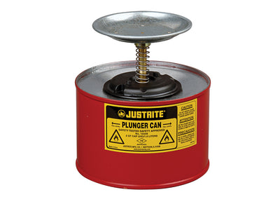Justrite Plunger Dispensing Can - 2 Quart - Perforated Pan Screen Serves As Flame Arrester - Steel - Red - 10208