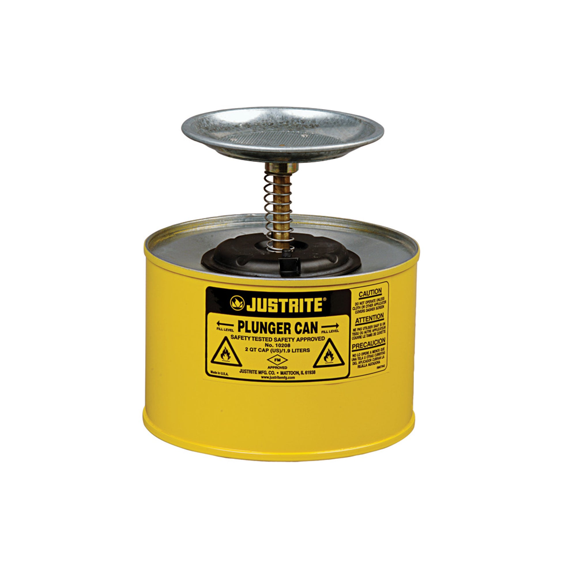 Justrite Plunger Dispensing Can - 2 Quart - Perforated Pan Screen Serves As Flame Arrester - Steel - Yellow - 10218